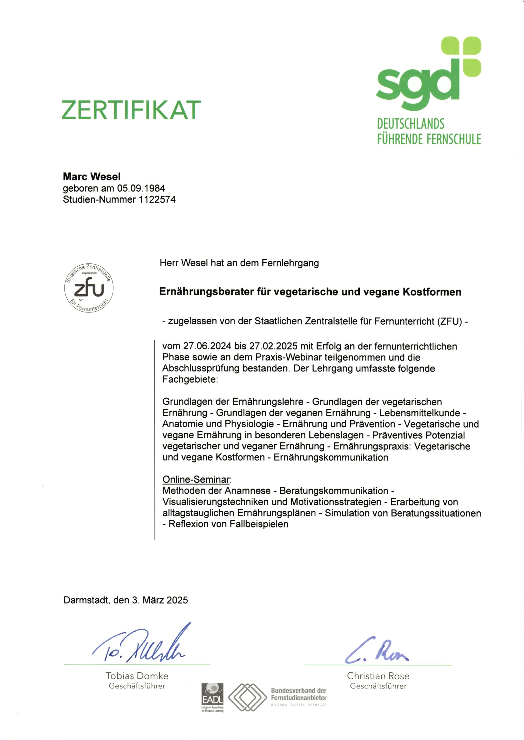 Zertifizierter Ernährungsberater für Vegetarier & Veganer