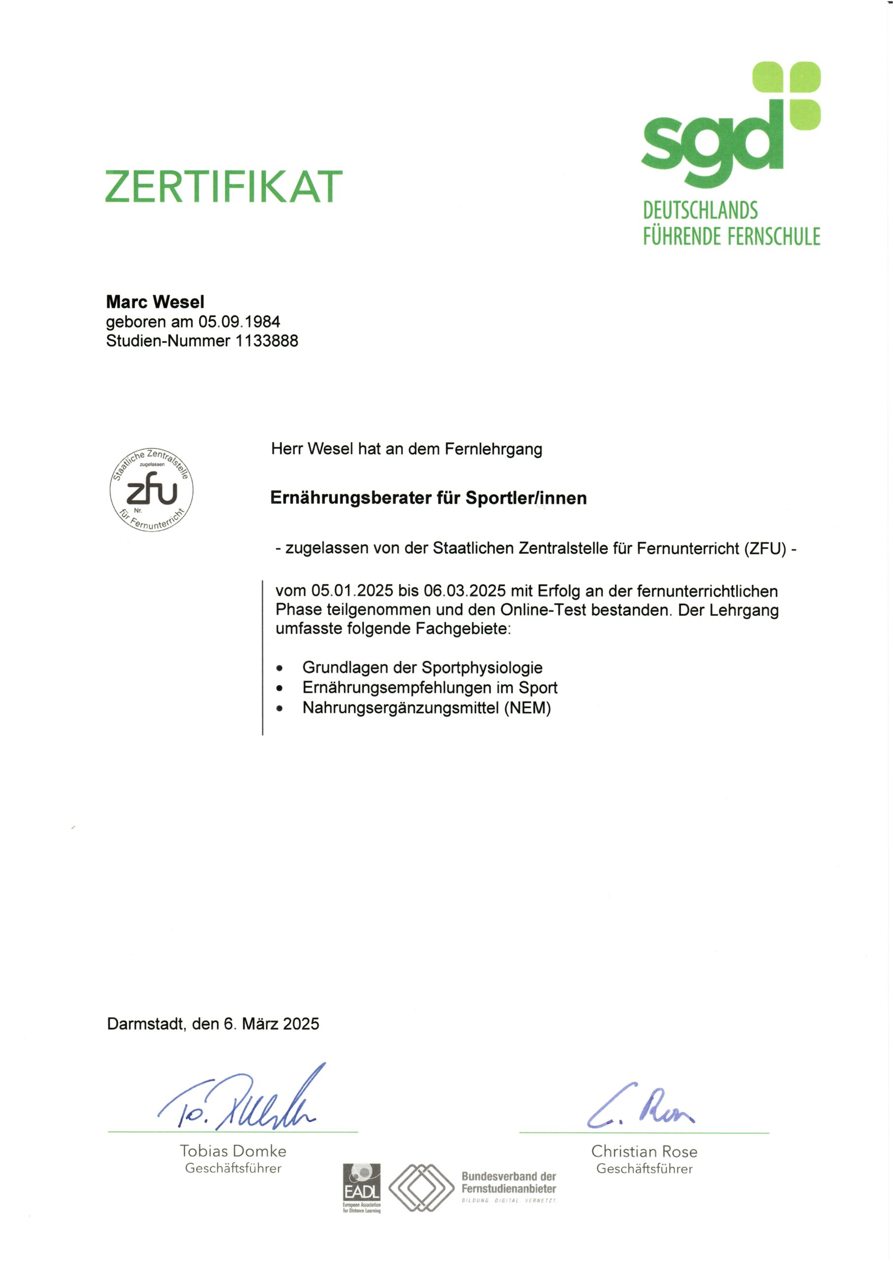 Zertifizierter Ernährungsberater für Sportler