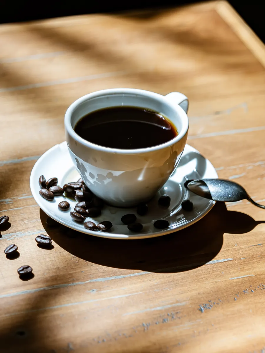 Eine Tasse Kaffee auf einem Holztisch im schrägen Morgenlicht, daneben ein paar Kaffeebohnen