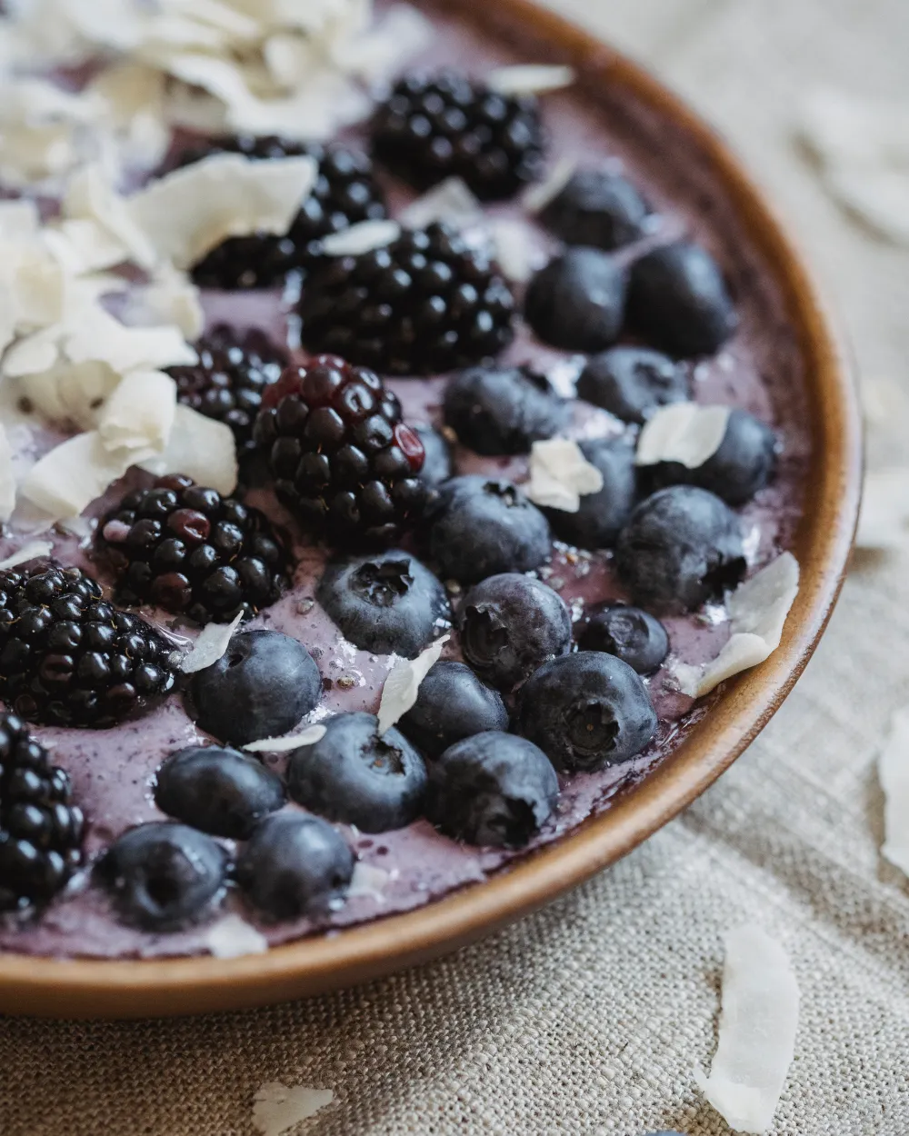 Brombeeren und Heidelbeeren auf einer Beerencreme in einer braunen Keramikschale, dazu Kokosflocken